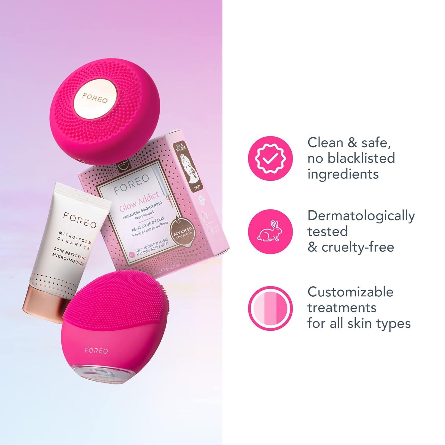 imageFOREO BEAR mini Microcurrent Facial Device UFO mini 2 Face Mask Treatment SERUM 1 fl oz 6 UFO Power Activated Masks Skin Supremes Holiday SetLUNA mini 3 UFO mini 2 Microfoam cleanser UFO masks