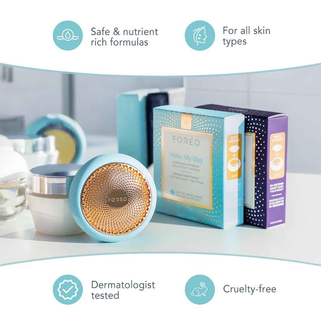 imageFOREO Make My Day UFO Activated Facial Mask for Dry Dehydrated Skin 7 pack Moisturizing ampamp Antipollution Hyaluronic Acid ampamp Red Algae Clean Formula Crueltyfree Compatible with all UFO devicesMake My Day