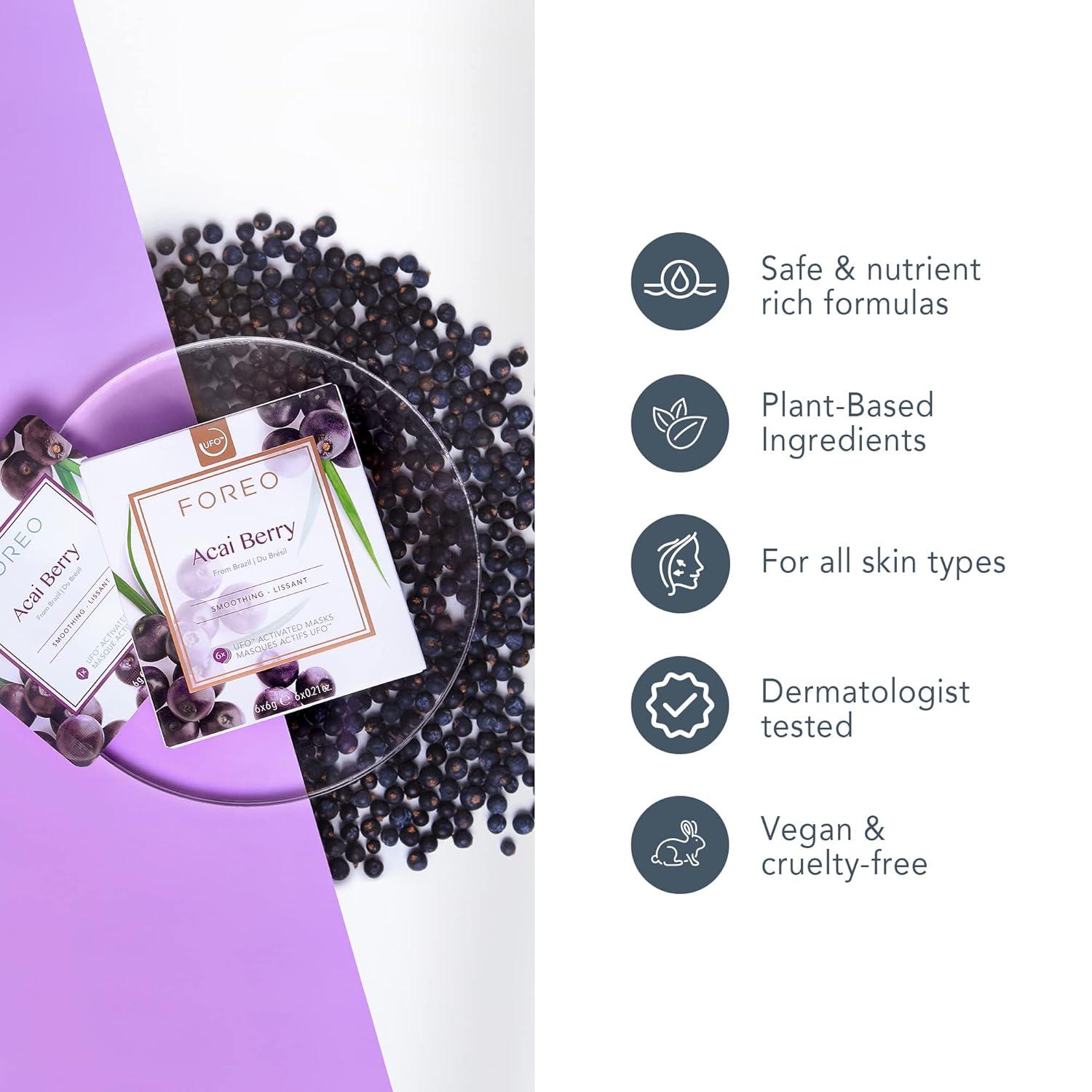 imageFOREO Make My Day UFO Activated Facial Mask for Dry Dehydrated Skin 7 pack Moisturizing ampamp Antipollution Hyaluronic Acid ampamp Red Algae Clean Formula Crueltyfree Compatible with all UFO devicesAcai Berry