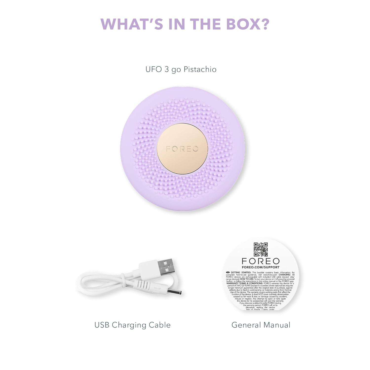 imageFOREO UFO 3 go Travelfriendly Face Mask Skincare Device Face Moisturiser AntiAging Red Light Warming Facial Massage Compact Appconnected EvergreenLavender